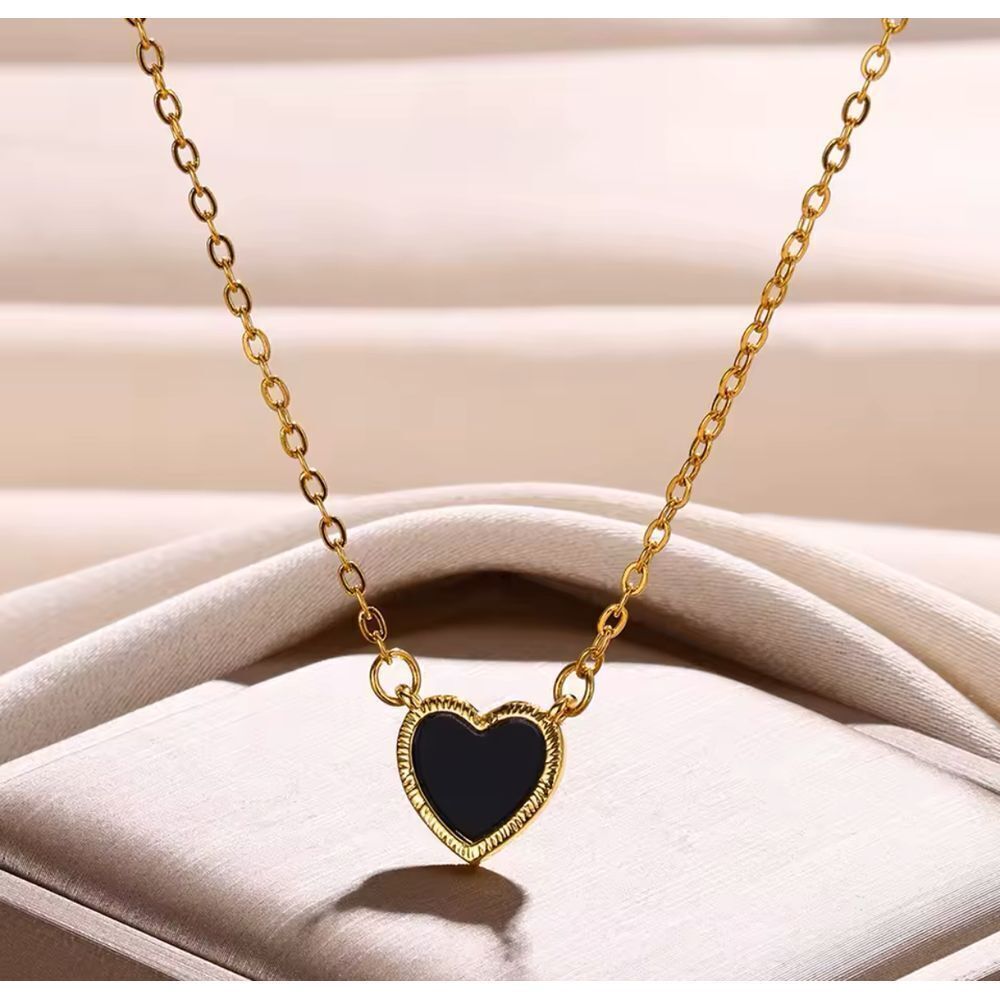 Dainty Gold Heart Pendant Necklace Black Enamel Chain Minimalist Jewelry 38+7cm - Picture 3 of 3